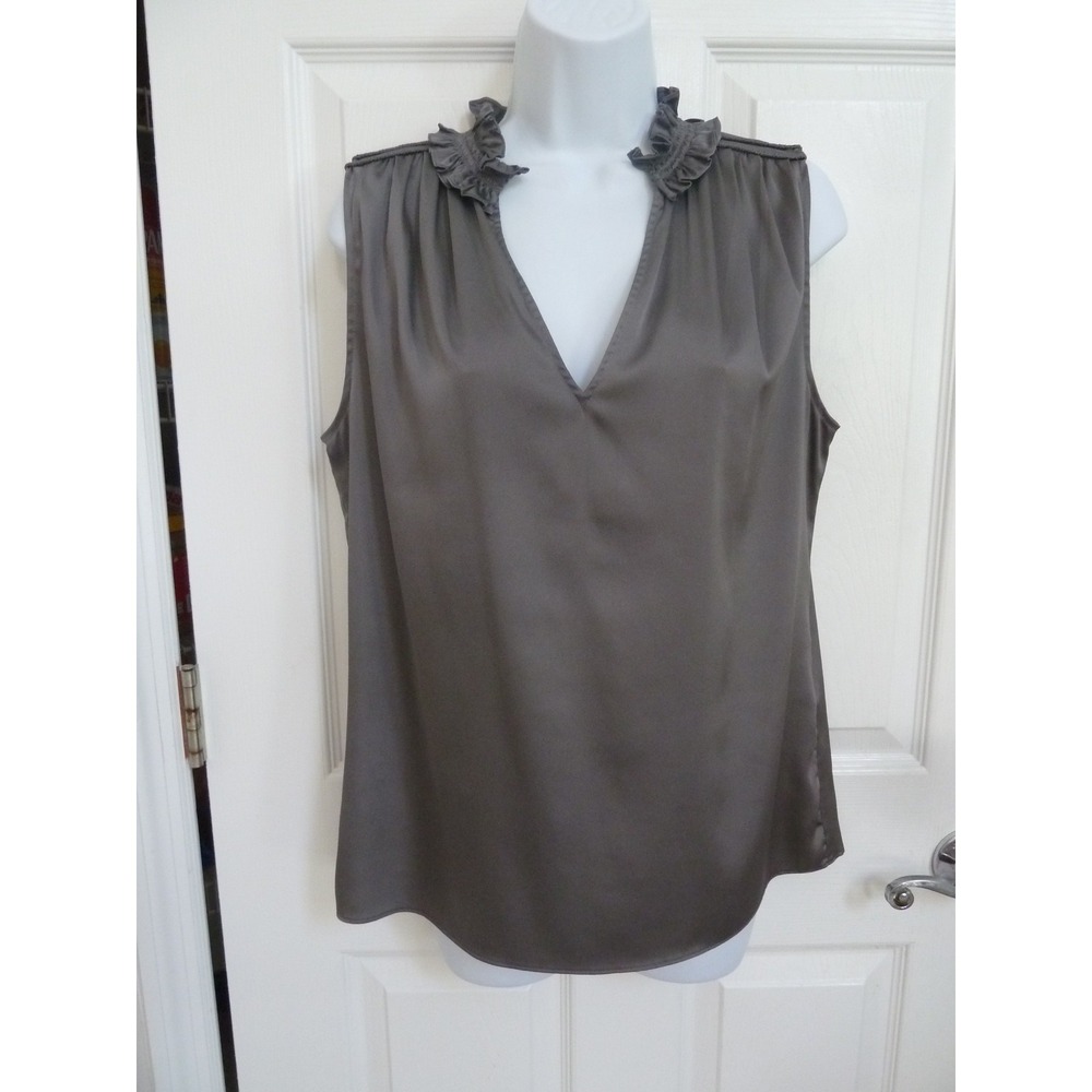 White House Black Market Satin Blouse Ruffled Neck Gray Sleeveless Top Med NWOT